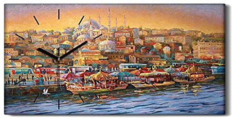 Coloray Uhr auf Leinwand - Schwarze Hände - Wohnzimmer Dekoration Segeltuch Ohne Tickendes Geräusc Kunst Wand Uhr - Istanbul Golden Horn Bay