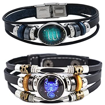 2Pcs Multilayer Constellation Zodiac Leather Bracelet Handmade Woven Zodiac Sign Wrap Bracelet Wristband for Women Men Jewelry Birthday Gift, 8.26 inches, 8.5 inches, Leather Rhinestone Metal, no