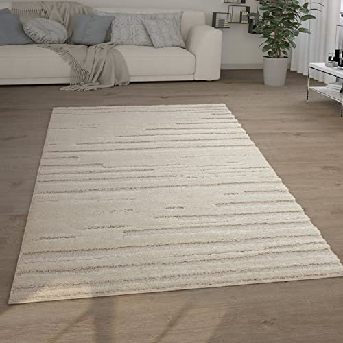 Paco Home Hochflor Teppich Wohnzimmer Shaggy 3D Optik Ethno Boho Vintage Look Weich, Grösse:230x330 cm, Farbe:Creme 2