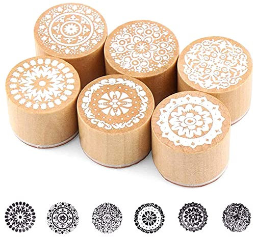 Pack of 6 Wooden Gummistempel,Wooden Craft Stempel Set,Vintage Different Floral Holz Stempel,Round Wooden Retro Motivstempel,Rubber Stamps, for Stamps DIY Scrapbooking and Card Making Decoration