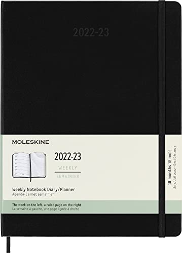 Moleskine - 18 Monate Wochenplaner, Terminkalender 2022/2023, Wochenplaner im Festen Einband und Gummibandverschluss, Maß XL 19 x 25 cm, Farbe: Schwarz