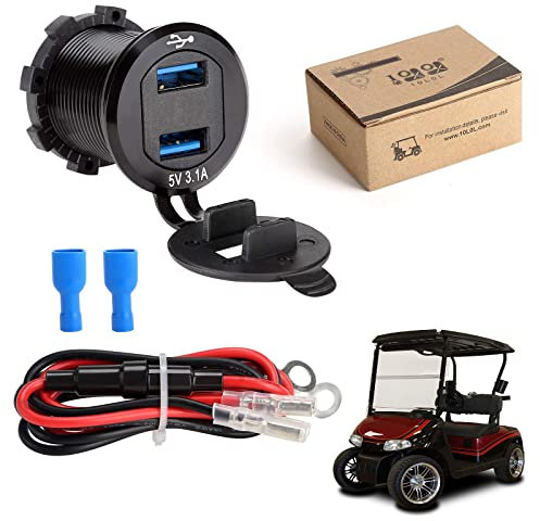 10L0L Carro de Golf DC 9V-48V Cargador rápido, 2 en 1 Puertos USB y medidor de Voltaje LED para Coche Club, EZGO, aleación de Aluminio Shell Salida de Carga Segura