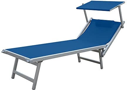 TEMPO STYLE - Lettino Mare Professionale in Alluminio L-Mediterraneo | Pieghevole con Tetto Parasole, Rivestimento in Textilene, Ideale per Spiaggia, Piscina e Giardino (Blu/Alluminio)