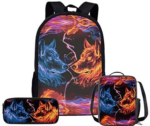 DISNIMO Schulrucksack für Teenager, Mädchen, Jungen, 3-teilig, Kinder-Büchertasche mit Lunchbox und Federmäppchen, Set mit verstellbaren Trägern, Bule Fire Wolf, Rucksack Rucksäcke