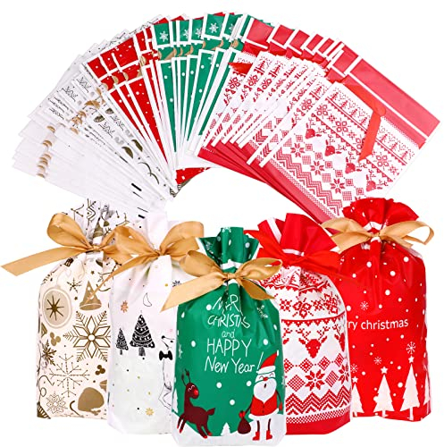 50 Stück Weihnachten Süßigkeiten - Tikplus Weihnachtstüten Geschenkbeutel mit kordelzug, Geschenktüte Geschenkverpackung Süße Taschen Mitgebsel Beutel Kekstüten für Kinder Verpacken (15x23 cm)
