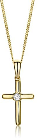 MIORE Diamant Schmuck Damen Kreuz Halskette mit Kreuzanhänger 0,03 Ct Solitär Diamant in Krappenfassung Klassische Kette aus Gelbgold 9 karat / 375 Gold, 45 cm lang