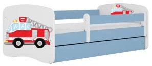 Babybett 80 x 160 cm, Blau, ohne Schublade, inkl. Matratze, Motiv Feuerwehr