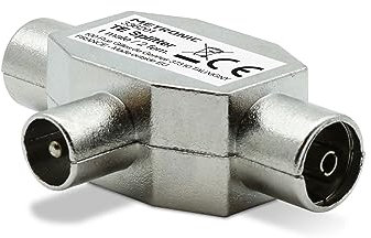 Metronic Répartiteur TV, séparateur coaxial en T, DVB-T2, diviseur antenne TV, blindé, métallique 1 entrée mâle - 2 sorties femelles - 336201