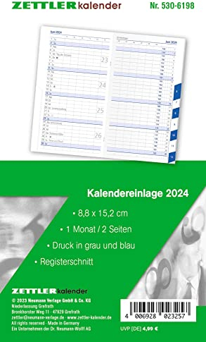 Kalender-Ersatzeinlage 2024 - für den Taschenplaner Typ 530 - 8,8x15,2 cm - 1 Monat auf 2 Seiten - Registerschnitt - separates Adressheft - Notizheft - 530-6198