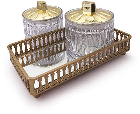 2 pcs Crystal Set with Mirror Glass Tray Plastic Jars with Airtight Lids 400 ML Sweet Jars Spices Jars Kitchen Decor Canisters with Decorative Tray Storage Organiser (Gold)