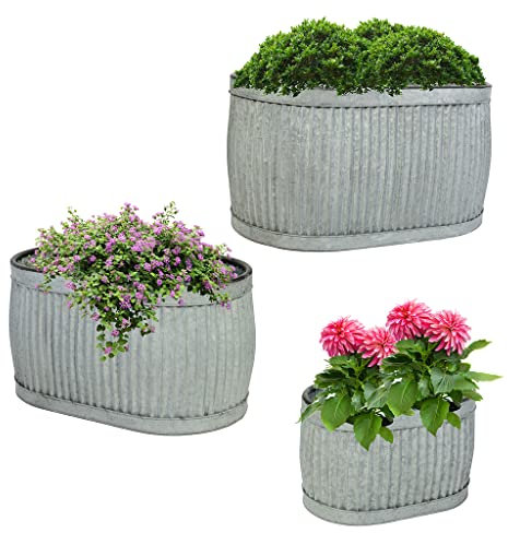 Dibor Set of 3 Galvanised Trough Dolly Tub Plant Pots Vintage Style Large Outdoor Garden Barrel Planters Christmas Gardening Gift (Oval Planters)