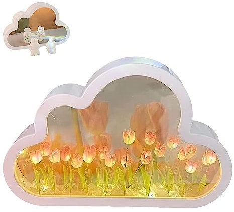mumisuto Tulpen Lampe, Tulpen Nachtlicht, Kosmetikspiegel, Tragbarer Ultraschlanker Reisespiegel mit Licht, LED Tulpen Wolke Lampe für Schlafzimmer, Wohnzimmer, Desktop, Heimdekoration(Rosa)