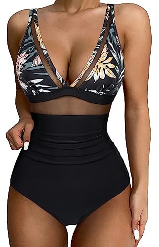 SUUKSESS Women Sexy Mesh Tummy Control Swimsuit Push Up High Waisted Bathing Suit