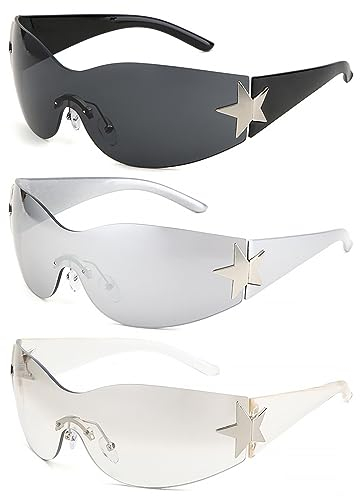 ERFGT Y2K Randlose Sonnenbrille - 3 Stück Wraparound Punk One Piece Sonnenbrille mit Sternform-Tag für den Außenbereich, Sonnenschutz im Sommer, Alltagskleidung