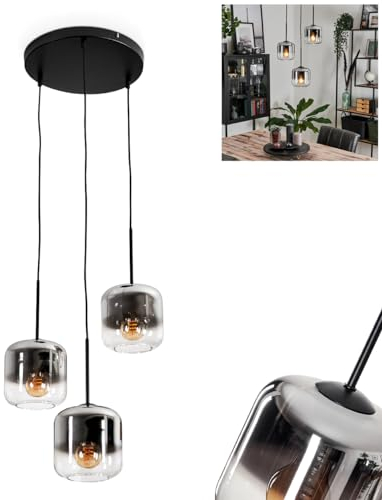 Hängeleuchte Lauden, Hängelampe aus Metall/Glas in Schwarz/Chromfarben/Klar, Leuchte im Vintage/Retro Design, Schirme aus Glas (Ø 15 cm), 3-flammig, Höhe max. 137,5 cm, 3 x E27, ohne Leuchtmittel
