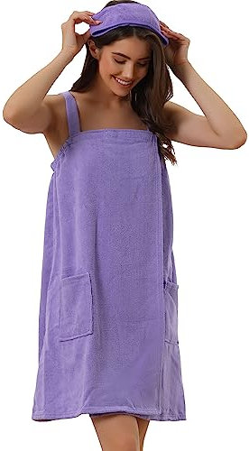 cheibear Damen Bademantel Kleid Frottee Saunakilt Saunatuch mit Tasche und Klettverschluss Spa Dusche Handtuch Bademantel Traubenshake M