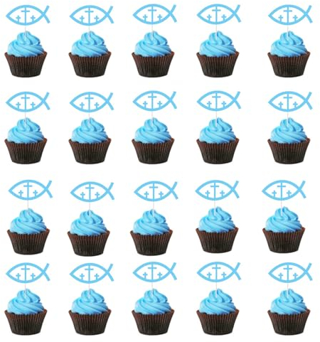 Catelves 25 Stück Kommunion Tortendeko, Taufe Cupcake Topper, Fisch Kuchen Deko, Muffin Deko für Junge, Mädchen, Babyparty, Babydusche