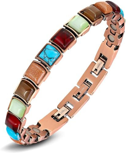 Jeracol Lymphdrainage, Kupfer-Magnetarmbänder für Damen, Kupferarmband mit buntem Stein, verstellbare Länge, mit Größenwerkzeug in Geschenkbox (buntes Rechteck)