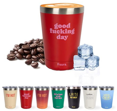 fisura. – Mug Isotherme original Tasse Isotherme à café pour emporter. Tasse à café de 310 ml. Tasse thermique en acier inoxydable. Sans BPA. Tasse pour voiture. (Day, rouge)