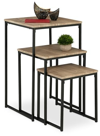 Relaxdays Beistelltisch 3er Set, stapelbar, Satztisch 3 Größen, quadratisch, Metall, Wohnzimmer, Dekotisch, grau/schwarz