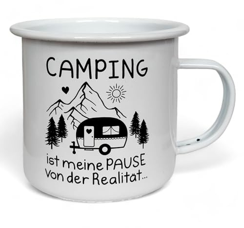 MIJOMA Emaillebecher mit Motivdruck - 450ml Camping Kaffeetasse, leicht, robust, Henkelbecher aus Emaille, ideal als Trinkbecher (Camping ist meine Pause)