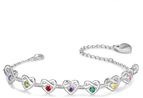 Wamantic Personalisierte Armband Silber Damen Gravur Name Herz Armkette Schmuck mit Geburtsstein Geschenk für Frauen Mutter Tochter Freundin Mama Weihnachten Muttertag