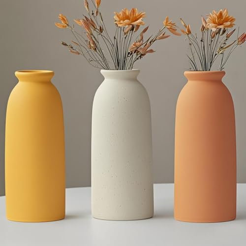 Ceramic vase Set-3 Small Flower vases for Decor,Modern Boho Farmhouse Home Decor,Decorative vase for Pampas Grass&Dried Flowers,idea Shelf,Table,Bookshelf (Orange Mix)