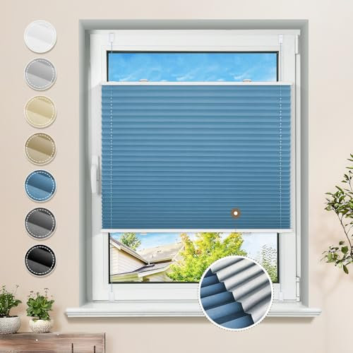 Plissee ohne Bohren Verdunkelung Klemmfix Blau 65x110cm Thermo Plissees 100% Verdunklung Rollos für Fenster & Tür Verdunklungsplissee ohne Bohren Sichtschutz und Sonnenschutz