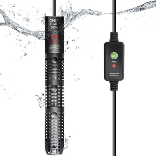 ONLYSTAR Fish Tank Heater 50W/100W/200W/300W/500W with Over-Temperature Protection, Explosion Proof Quartz Glass, Aquarium Heater with LED Thermostat Controller (300W)