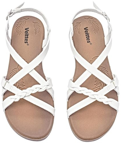 Veittes Sandales plates décontractées pour femmes, bride croisée tressée mode, bretelles ajustables à la cheville, sandales d’été à bout ouvert