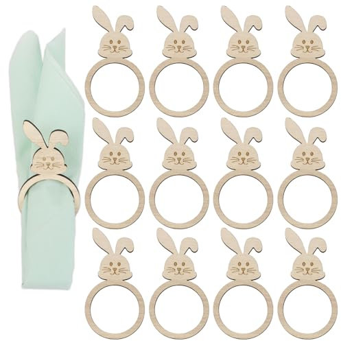 BETESSIN Serviettenringe Ostern - 12 Stück Osterhase Serviettenringe aus Holz - Osterhase Deko Holz - Osterdekoration für Abendessen Party Bankett Tischdekoration UVM.