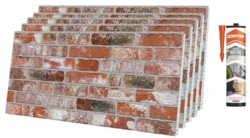 3D Wandpaneele Steinoptik Kit, 5er-Pack 50x100 cm Wandpaneele in Ziegelsteinoptik mit Klebstoff, Leichte Styropor Wandverkleidung in Backsteinoptik für Wohnzimmer, Schlafzimmer, Einfache Montage, DIY