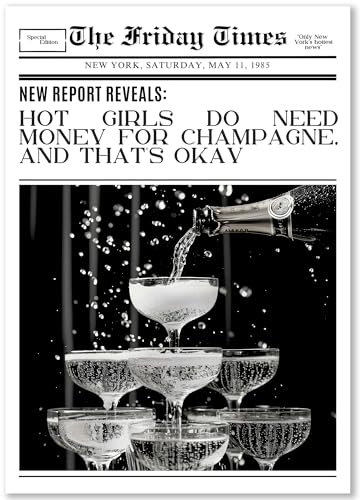 Happymotive – Poster im Zeitungsstil Vintage A4 | Wandbilder im Retro-Design | Typografie | Wanddeko für Wohnzimmer, Büro & Schlafzimmer | Premium Druck auf 300g Papier (Hot Girls Money Champagne)