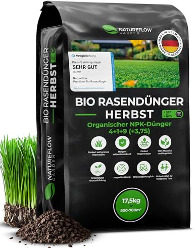 Bio Rasendünger Herbst TESTSIEGER Made in Germany – 17,5kg für 700qm – Organischer Rasendünger Bio für gesunden Boden & sattgrünen Rasen – Dünger Rasen, Herbstdünger