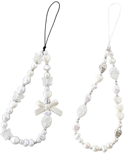 XYTAHDM Lot de 2 chaînes de téléphone portable avec perles - Motif papillon - Chaîne de téléphone portable - Pendentif universel pour téléphone portable - Chaîne de téléphone portable - Bijou