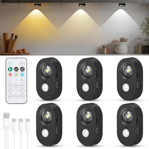 Lightsjoy Motion Sensor Lights Indoor Wireless Under Cabinet 6 Pack Rechargeable Night Light Battery Spot Lights Dimmable Stair Lights Cupboard Kitchen with Remote Control Brightness Adjustable Black