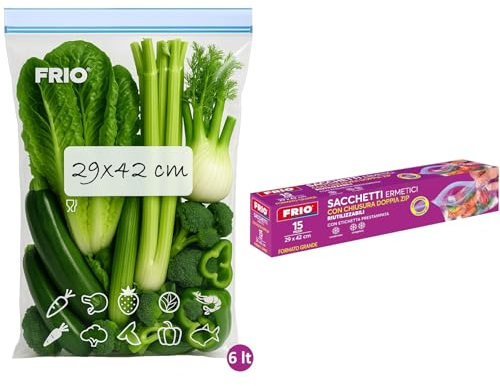 FRIO – 15 große Zip-Gefrierbeutel 6L (Größe L: 29x42 cm), wiederverschließbar & luftdicht, lebensmittelecht – Beutel zur Aufbewahrung & Tiefkühlung, mit Etikett