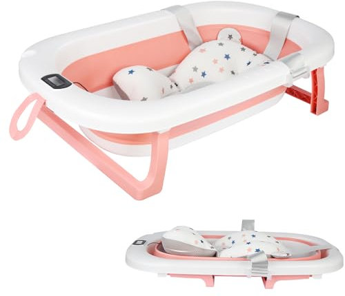 Baignoire Pliable pour Bébé avec Coussin Antidérapant, Thermomètre Intégré, Design Portable pour la Maison et les Voyages, XL Benoire pour Bébé à Bain, Facile à Nettoyer (Rose, 80x50x23cm)
