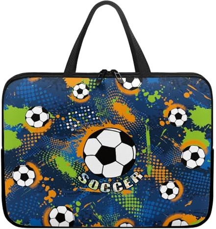 Treer Sacoche Ordinateur 10-17 Pouces, Pochette Ordinateur Imprimé Football avec Poignée, Sac a Main Antichoc Imperméable avec Fermeture Éclair, Sacoche PC Transport pour Unisexe (Bleu 2,12 Pouces)