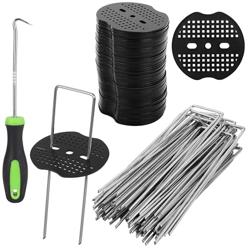 50pcs Picchetti per Telo Pacciamatura con 50 Rondelle e Ganci Antiruggine Picchetti da Giardino 150x4mm Ø 2.5mm Per Prati,Giardini,Tubature (101, nero + argento)