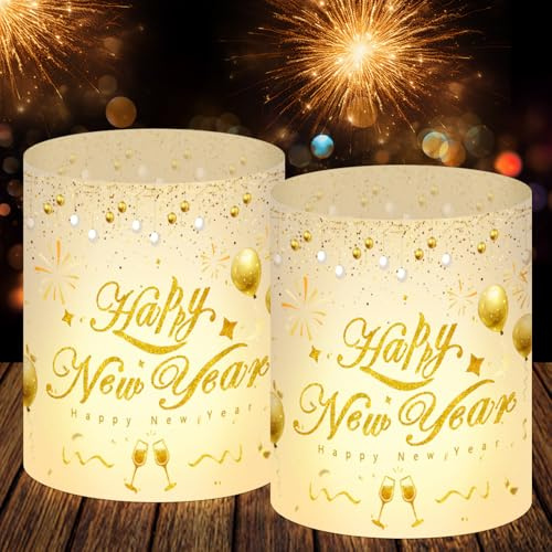 12 Windlicht Tischdeko Silvester, Windlicht Silvester Deko 2026, Neujahr Windlichter Tischdeko, Happy New Year Deko 2026, Silvesterdeko Party Set, Geeignet für Teelichter oder Kerzen