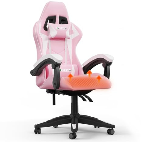 bigzzia Silla Gaming con Cojín Térmico, Sillas de Juego Ergonómicas con Almohada y Soporte Lumbar, Silla Gamer de Altura Ajustable con Asiento Giratorio 360° para Adultos (Rosa)