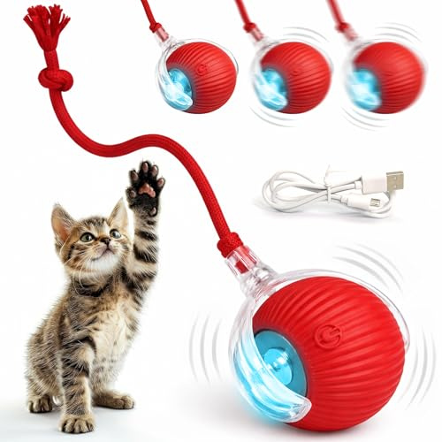 T TENEGIL Pelota Interactiva para Gatos, Juguete Electrónico Recargable USB, Rojo, con LED y Cuerda, Apto para Todo Tipo de Superficies
