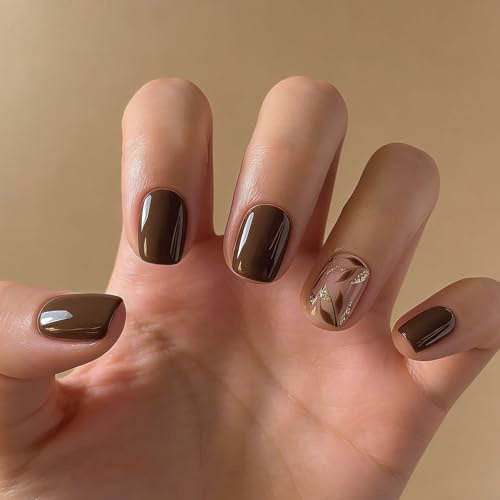 Xanthelle Uñas postizas adhesivas, 24 piezas de uñas falsas y uñas francesas, uñas cuadradas cortas de gel suave en color nude café con diseño de hoja dorada para mujeres