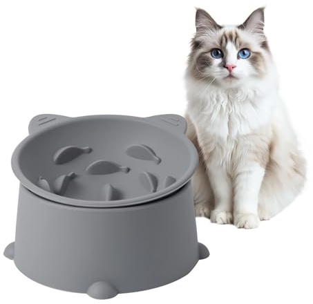 Adjustable Elevated Slow Feeder Cat Bowl, Raised Silicone Slow Feeder Cat Dish with Fun Fish Pattern Whisker-Friendly Anti-Vomit＆Anti-Tipping Pet Bowl for Cat, Small Dog (Dark Grey)