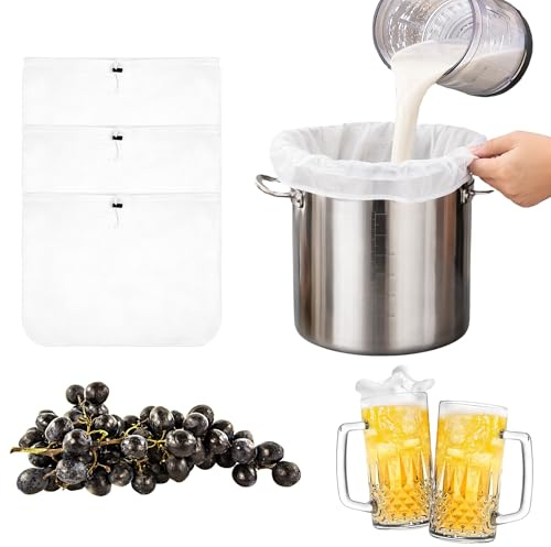 YDAKGUEY Wiederverwendbare Filterbeutel Siebbeutel, 3 Stück Nylon Presssack mit Kordelzug, Bierfilterbeutel Nussmilchbeutel für Wein Bier Kaffee Obstsaft Marmelade & Nussmilch(66×56 cm & 46×40 cm)