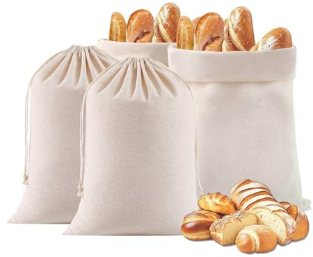 KASESSS Lot De 4 Sac A Pain en Lin écologiques, 30 X 40 Cm Réutilisables Sac A Pain Longue Conservation, Lavables Sacs-à-Pain Tissu avec Cordon De Serrage pour Le Pains,Les Fruits Et Les Légumes