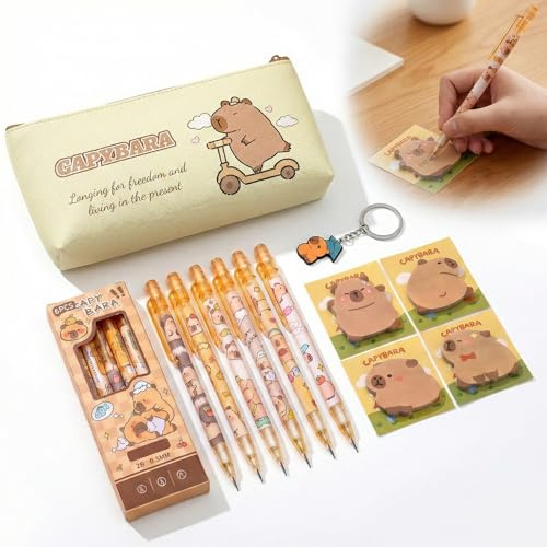 SEESUNO 12 Pcs Capybara Stationery Set with Pencil Case, Mechanical Pencils, Sticky Notes, Keyring for School Office Home