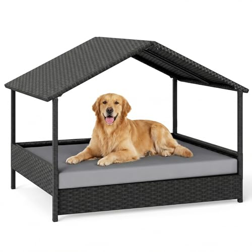 GYMAX Hundebett Outdoor, erhöhtes Hundeliege aus Rattan mit Kissen & Schrägdach, Haustierbett wetterfest für kleine & mittelgroße Hunde, 98 x 68 x 74 cm (Grau)