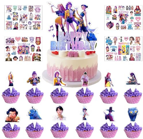 25 Stück Cake Topper Set + 4 Blätter Coole Anime-Tattoo-Aufkleber, Cupcake Dekoration, Muffin deko, Kinder geburtstage tortendeko, Coole Dekorationen im Anime-Stil, Geeignet für Kinder und Fans